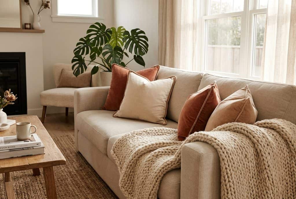 cozy living room warm neutral color palette