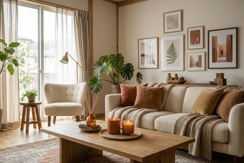 cozy living room warm neutral color palette