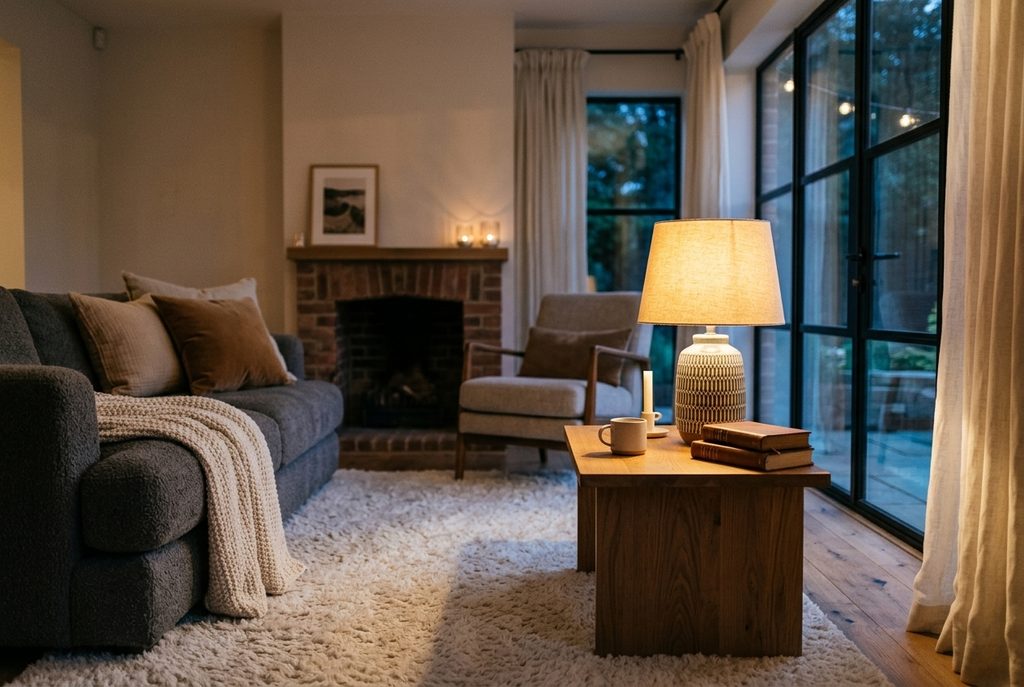 cozy living room warm neutral color palette