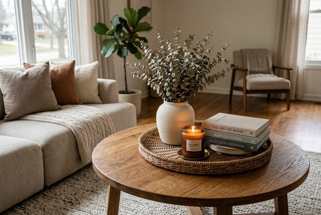cozy living room warm neutral color palette