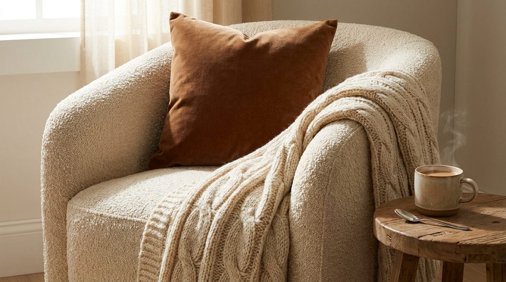 Bouclé armchair layered with warm terracotta velvet pillow and cable knit throw blanket