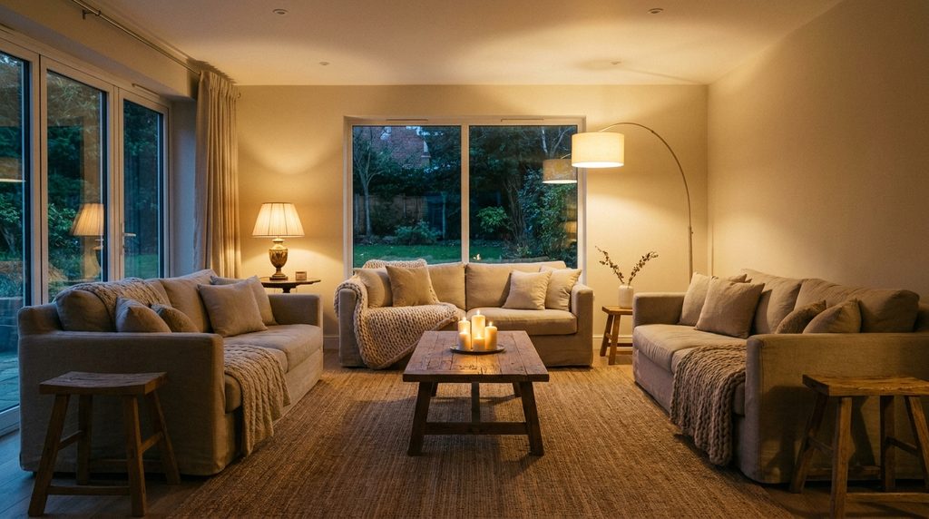 Serene living room fully illuminated by layered warm lamps and candlelight without overhead lighting