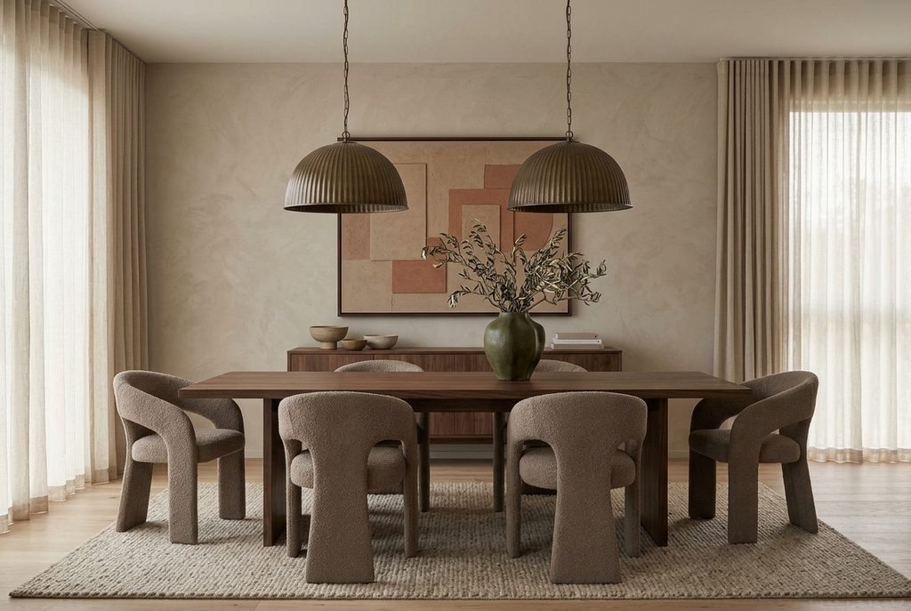 Warm neutral dining room grounded by walnut, olive, bronze, and clay accents