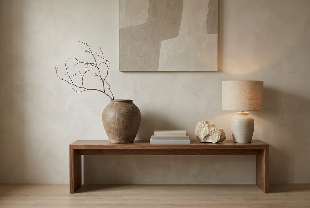Restrained console styling with handmade clay, walnut, limestone, and warm greige tones