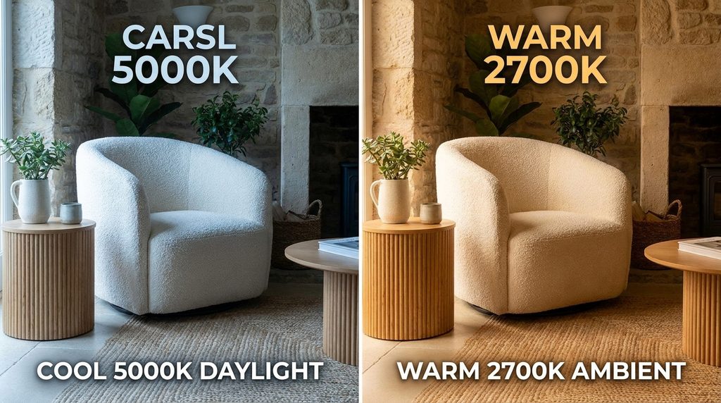 Comparison of cool 5000K light versus warm 2700K light in a cozy living room corner