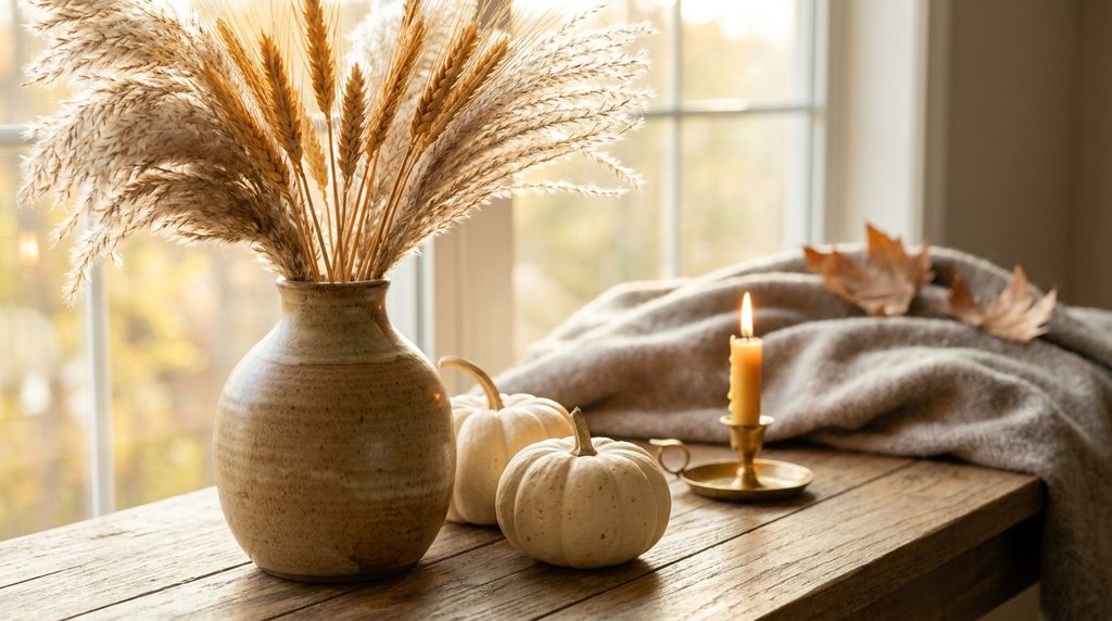 Minimalist dried pampas grass and amber wheat in ceramic jug for fall decor