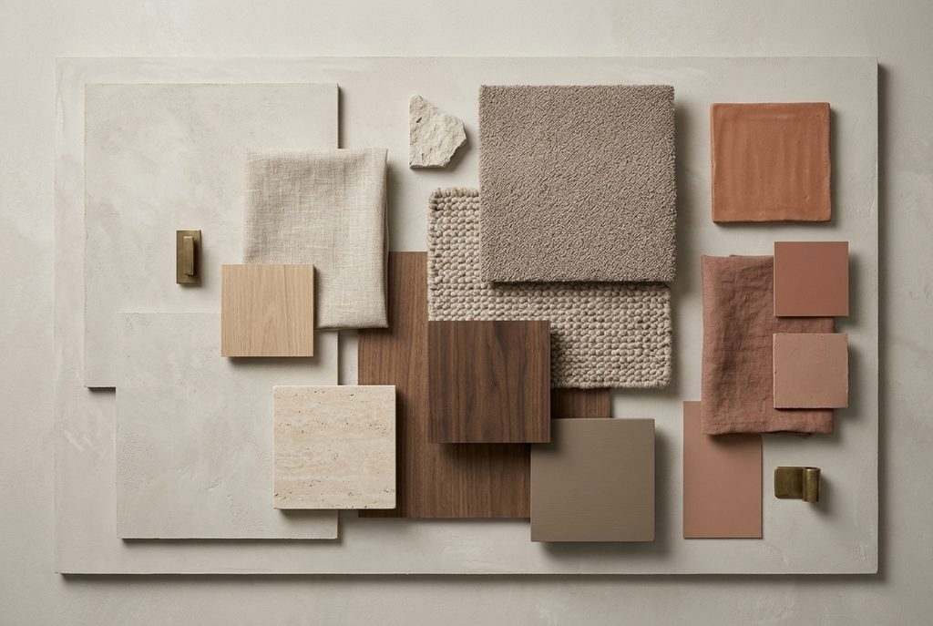 Material mood board featuring warm greige, taupe, clay, linen, wood, and natural stone.