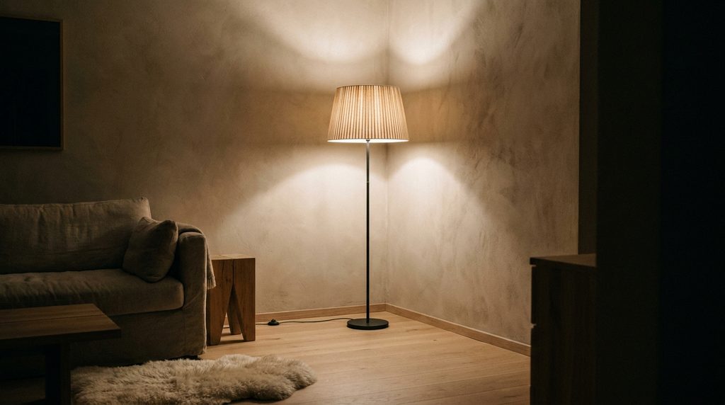 Minimalist tall floor lamp with pleated linen shade glowing in a living room corner