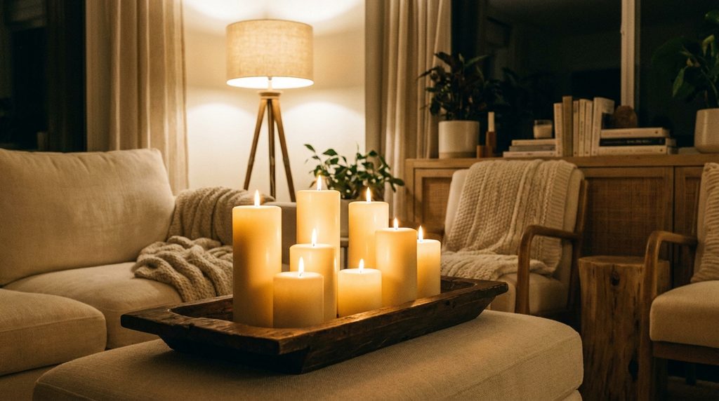 Warm evening living room atmosphere with glowing pillar candles on wooden tray