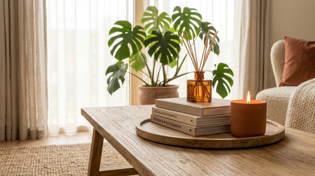 Minimalist coffee table tray decoration with terracotta candle and books