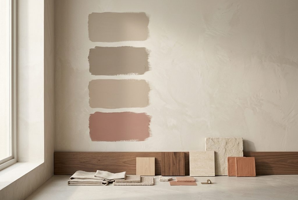 Warm neutral paint and material samples being compared in natural daylight