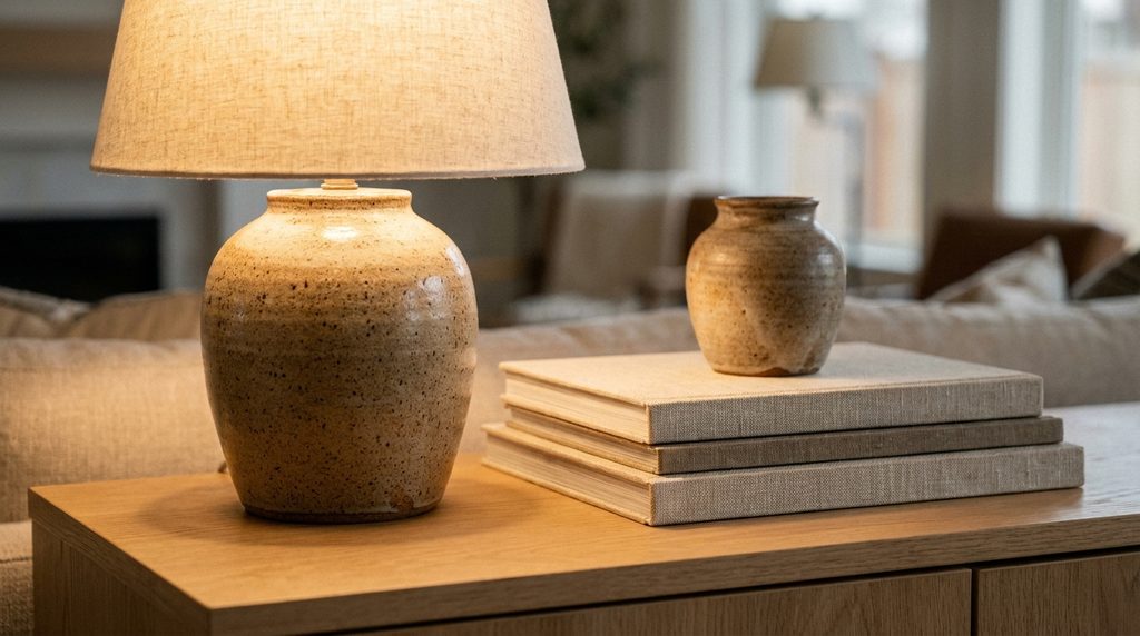 Handmade ceramic table lamp with linen shade casting warm ambient light on a wooden credenza