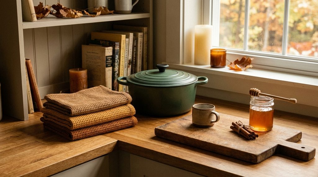 Cozy autumn kitchen counter setup with amber cast iron cookware and linen tea towels