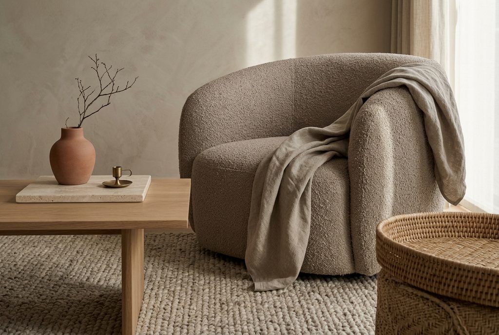 Layered linen, bouclé, wool, wood, stone, and clay textures in warm neutral tones