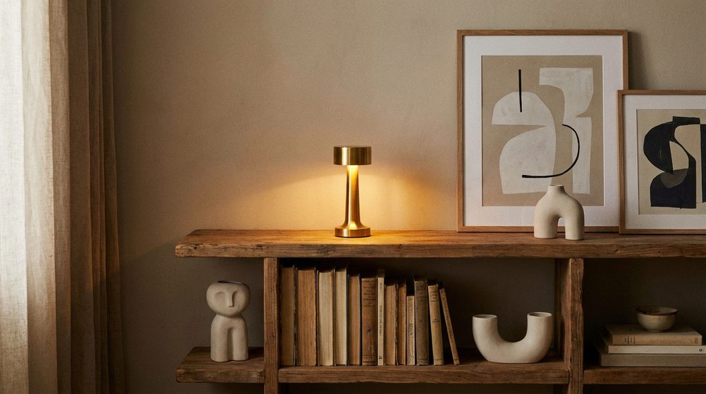 Small rechargeable cordless brass lamp styling an open wooden bookshelf
