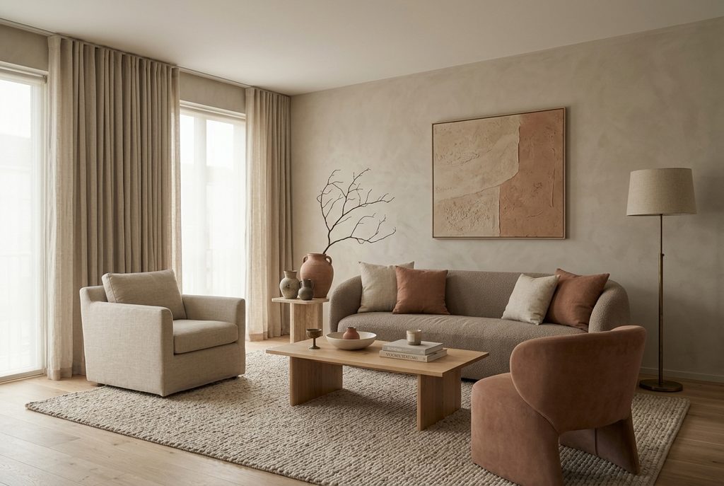 Warm greige living room with a taupe sofa, clay accents, oak, and travertine