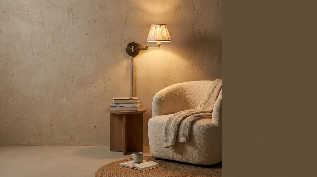 Brass wall sconce with linen shade providing accent lighting over a reading chair