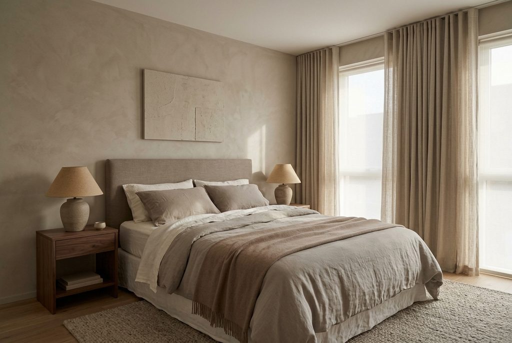 Restful taupe bedroom layered with warm greige linen and a muted clay throw