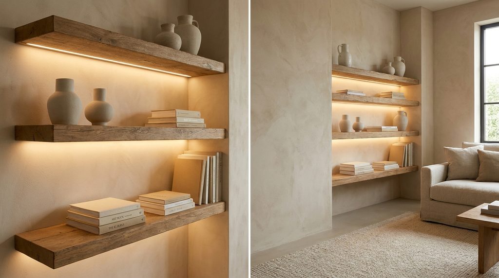 Floating wooden shelves with warm hidden LED under-lighting highlighting ceramic decor