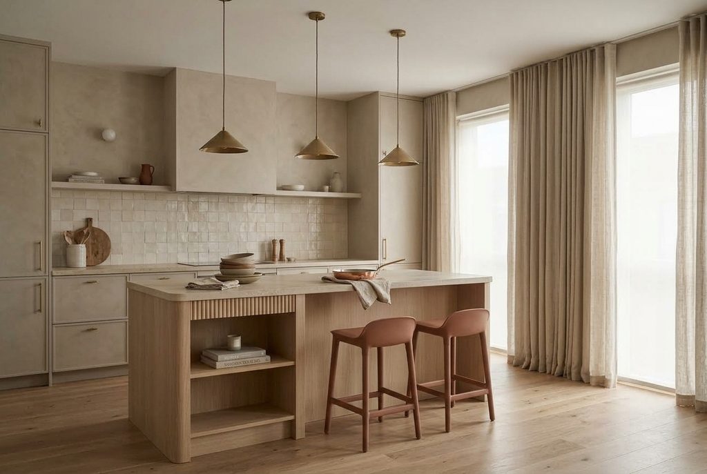 Warm greige kitchen with limestone, pale oak, brass, and subtle terracotta accents