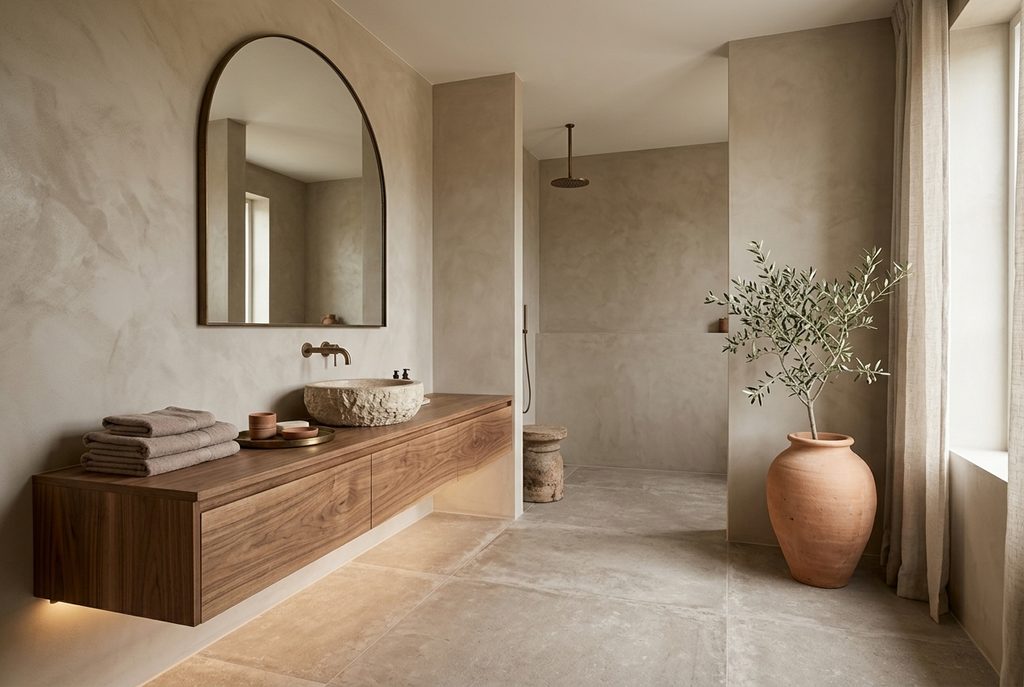Spa-like bathroom with warm greige walls, walnut, limestone, taupe, and clay accents