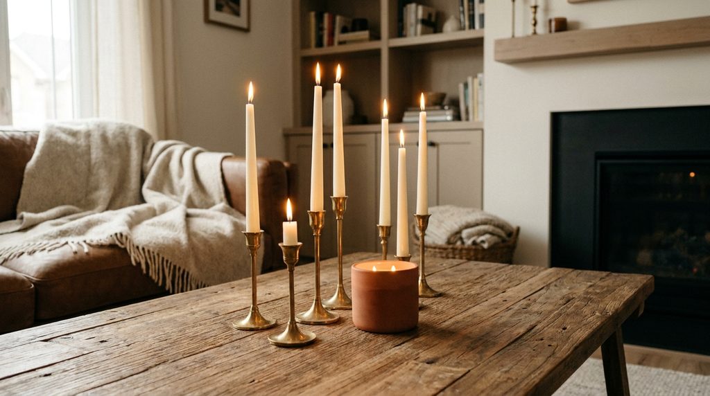 Brass candlestick holders and terracotta candle glowing on a wooden coffee table