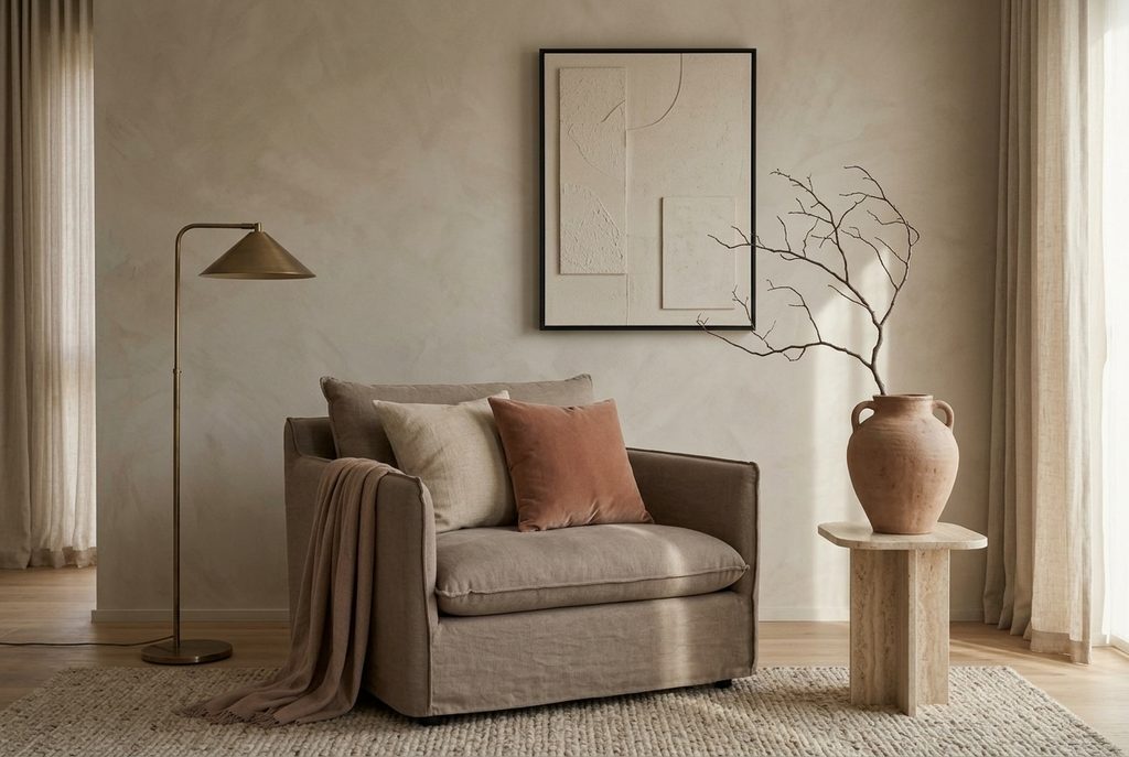 Taupe reading corner with carefully placed dusty clay accents